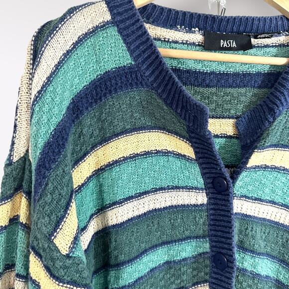 Vtg 90s PASTA Women’s Cardigan Sweater Striped Blue‎ Ramie Slouchy Cozy Preppy - Picture 2 of 7